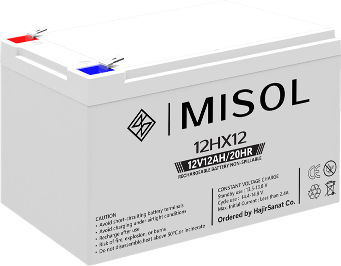 باتری سیلد اسید مایسول (MISOL) مدل 12HX-12 — ۱۲ ولت ۱۲ آمپرساعت