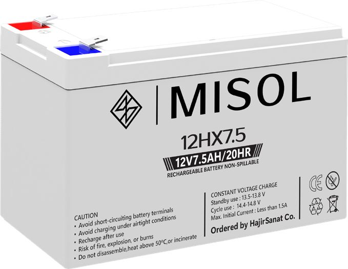 باتری سیلد اسید مایسول (MISOL) مدل 12HX-7.5 — ۱۲ ولت ۷.۵ آمپرساعت